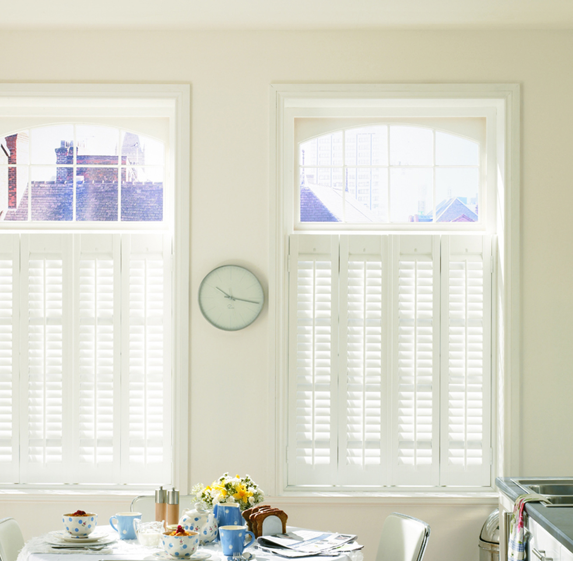 White slat shutters.